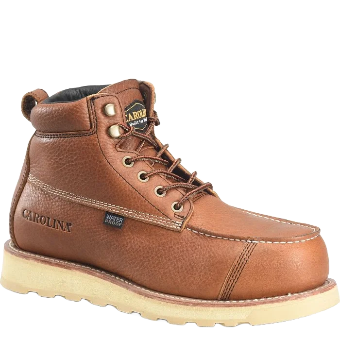 Men's work & safety boots with a gusseted tongue to keep out debrisCarolina Men's 6" Waterproof Brown Work Boots CA7070