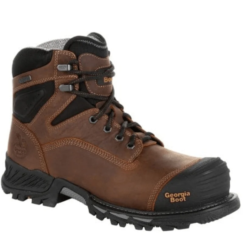 Men's work & safety boots with a gusseted tongue to keep out debrisGeorgia Boot Men's Rumbler Black and Brown Composite Toe Waterproof Work Boot GB00284