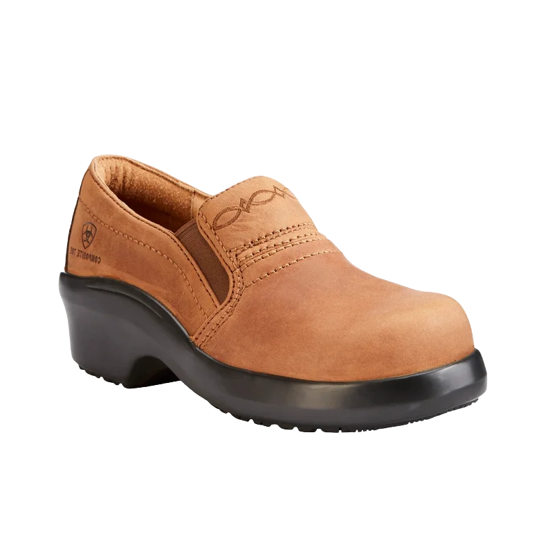 Men's work & safety boots with a gusseted tongue to keep out debrisAriat Ladies Expert Safety Brown SD Composite Toe Clogs 10023035