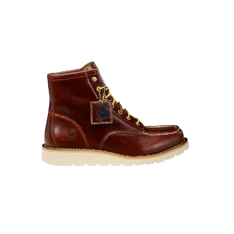 Men's work & safety boots with a durable rubber outsole for traction on rough terrain6" Wedge Moc Toe Full Grain Leather Soft Toe Boot Red Brown FW6145-M