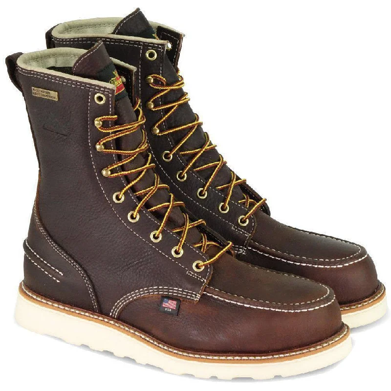 Men's work & safety boots with a gusseted tongue to keep out debrisThorogood Men's USA Made 1957 8" Moc Toe WP Wedge Work Boot Brown 814-3800