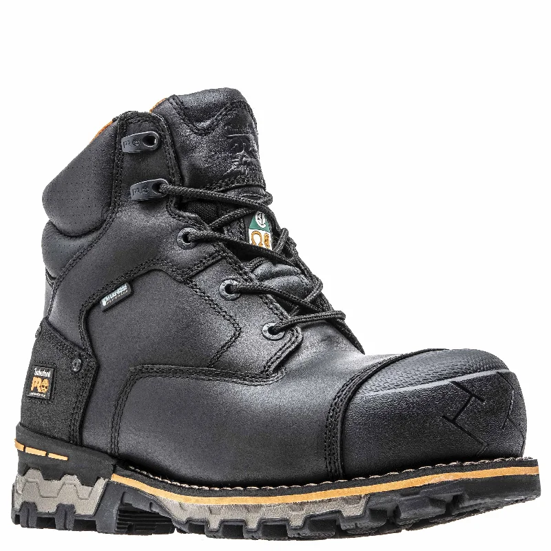 Men's work & safety boots with a durable rubber outsole for traction on rough terrainTimberland Pro 6" Boondock Black Full-Grain Leather CSA Workboot TB0A11UT001