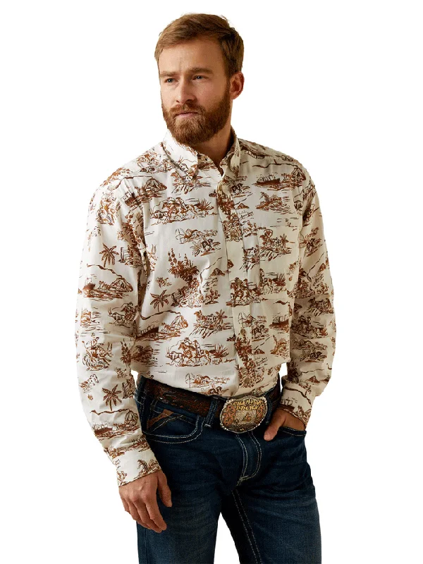 Men's western boots with a traditional western boot silhouette and a polished shineAriat 10044020 Mens Wrinkle Resist Paniolo Western Aloha Stretch Classic Fit Shirt Sand