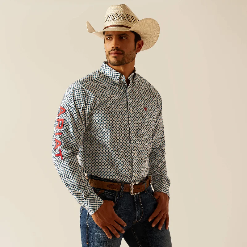 Men's western boots with a rubber sole for traction on various surfacesAriat Men's Team Lochlan Fitted Western Button Down Shirt in White/Geometric