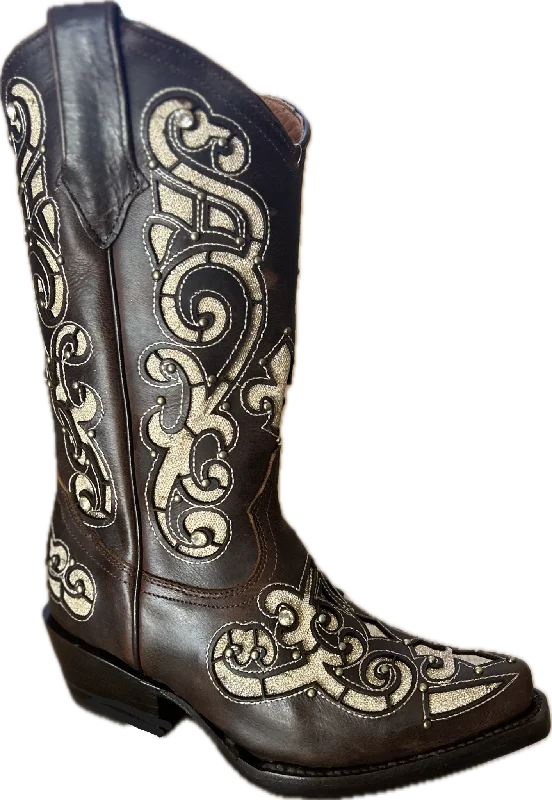 Western - style men's boots with intricate tooling and stitchingBelle - Dark Brown/Golden Sparkle inlets