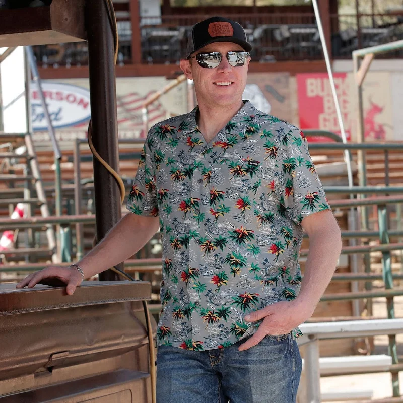 Men's western boots with a suede shaft and a leather soleCinch Men's Hawaiian Palm Short Sleeve Camp Shirt in Grey