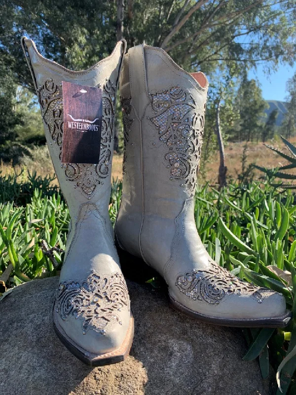 Men's genuine leather western boots with a snake - skin inlayCinderella - Off White/Soft Mint/Silver sparkle