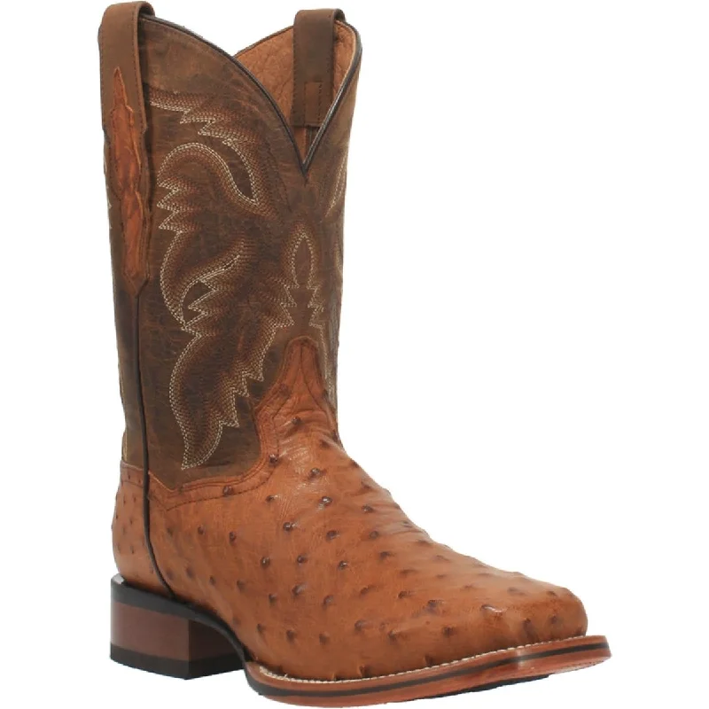 Men's western boots with a leather sole and a heel guardDan Post Men's Alamosa Full Quill Ostrich Square Toe Boots - Bay Apache