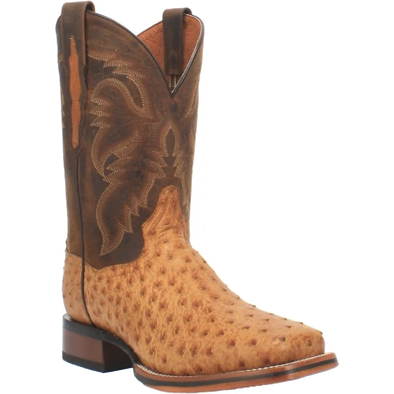 Men's western boots with a leather sole and a heel guardDan Post Men's Kershaw Full Quill Ostrich Square Toe Boots - Saddle