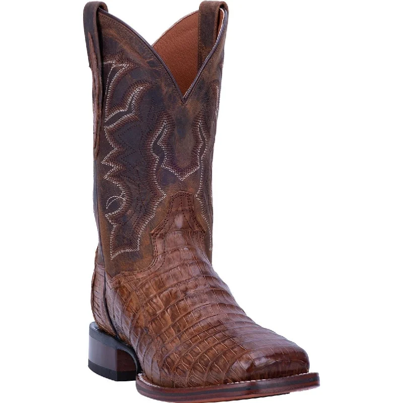 Men's western boots with a tooled leather design on the shaftDan Post Men's Kingsly Genuine Caiman Belly Square Toe Boots - Bay Apache