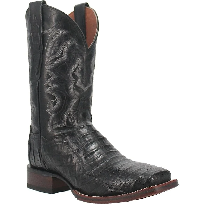 Men's western boots with a suede shaft and a leather soleDan Post Men's Kingsly Genuine Caiman Belly Square Toe Boots - Black