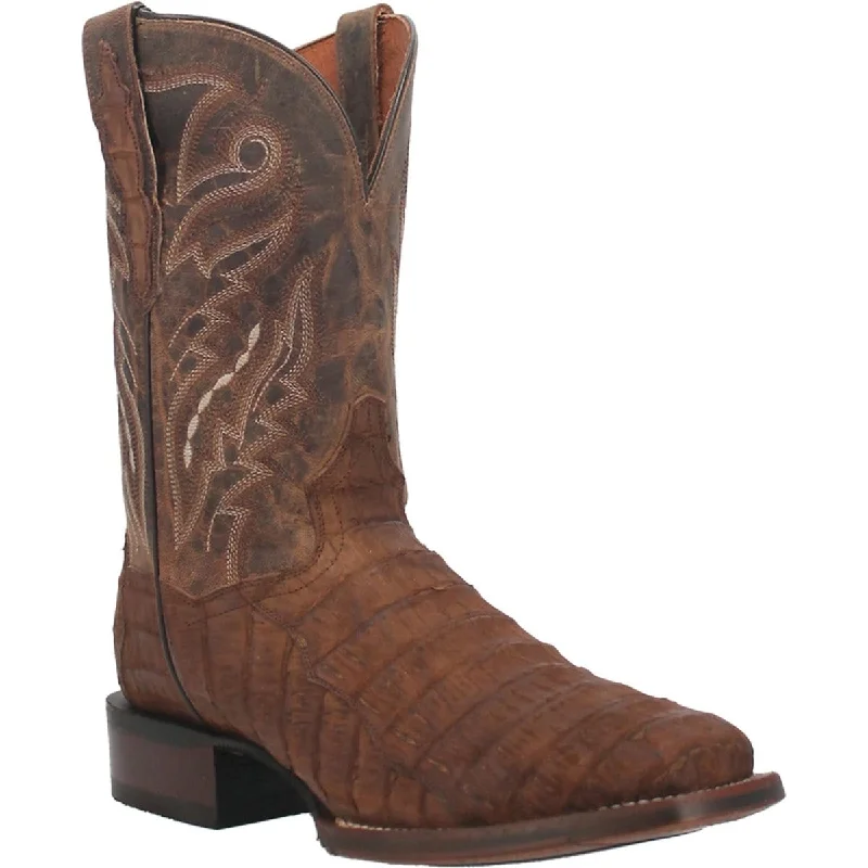 Men's genuine leather western boots with a snake - skin inlayDan Post Men's Mickey Genuine Caiman Belly Square Toe Boots - Tan