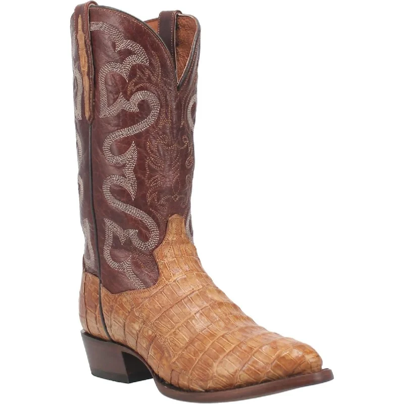 Men's western boots with a leather sole and a heel guardDan Post Men's Primetime Genuine Caiman Belly Round Toe Boots - Tan  DP3096