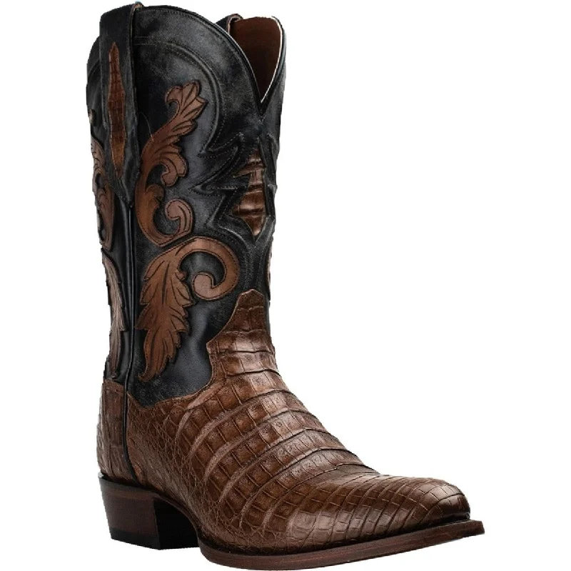 Men's genuine leather western boots with a snake - skin inlayDan Post Men's Socrates Genuine Caiman Belly Round Toe Boots - Bay Apache  DP3069