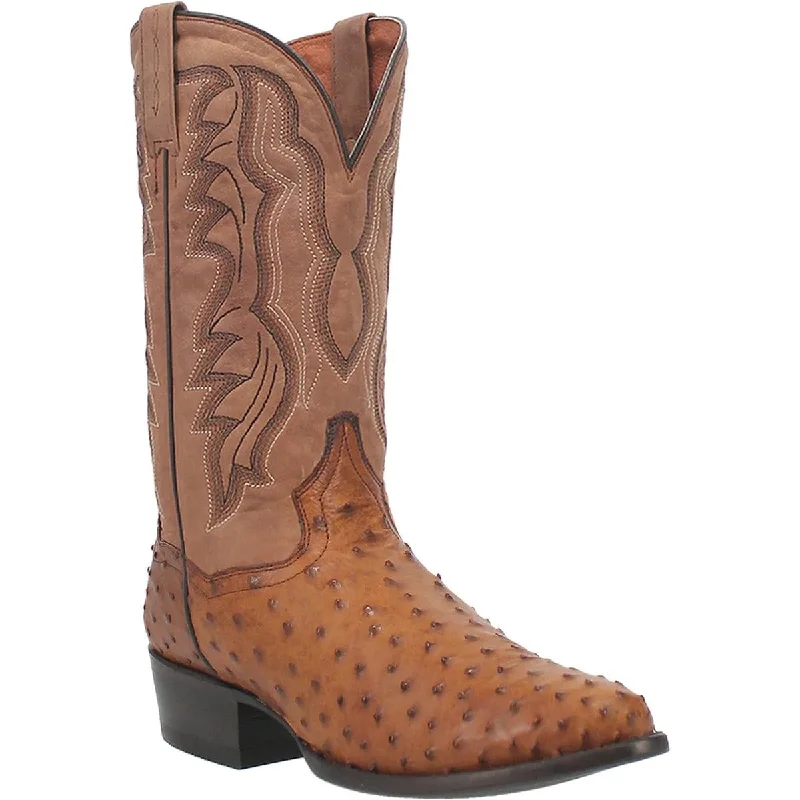 Men's genuine leather western boots with a snake - skin inlayDan Post Men's Tempe Full Quill Ostrich Round Toe Boots - Saddlebrown