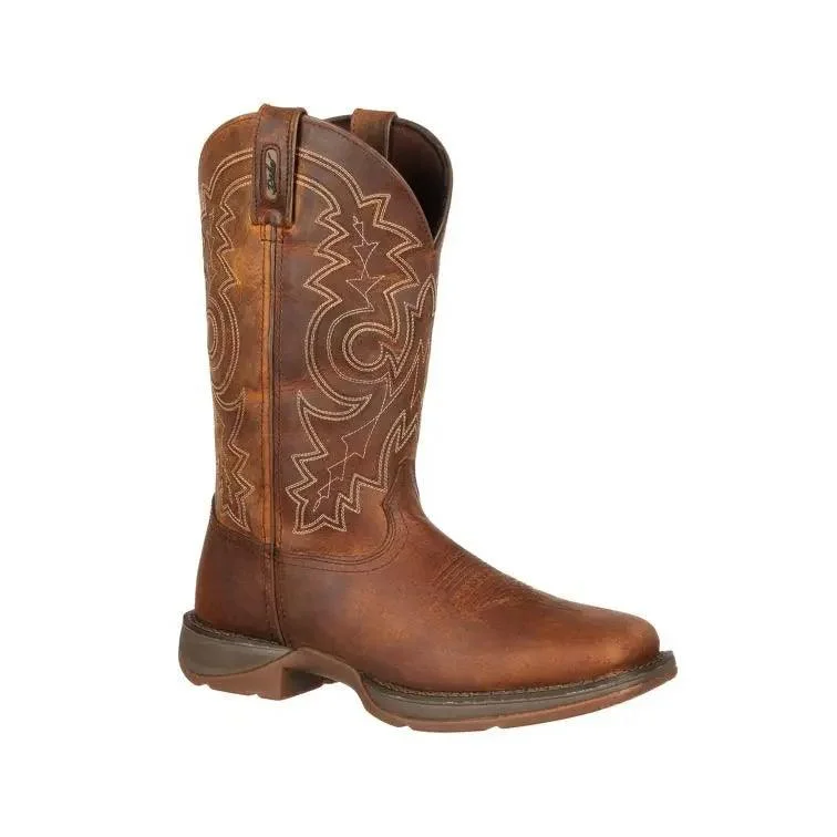 Western - style men's boots with intricate tooling and stitchingDURANGO REBEL MENS PULL-ON SQUARE TOE WESTERN BOOT DB4443