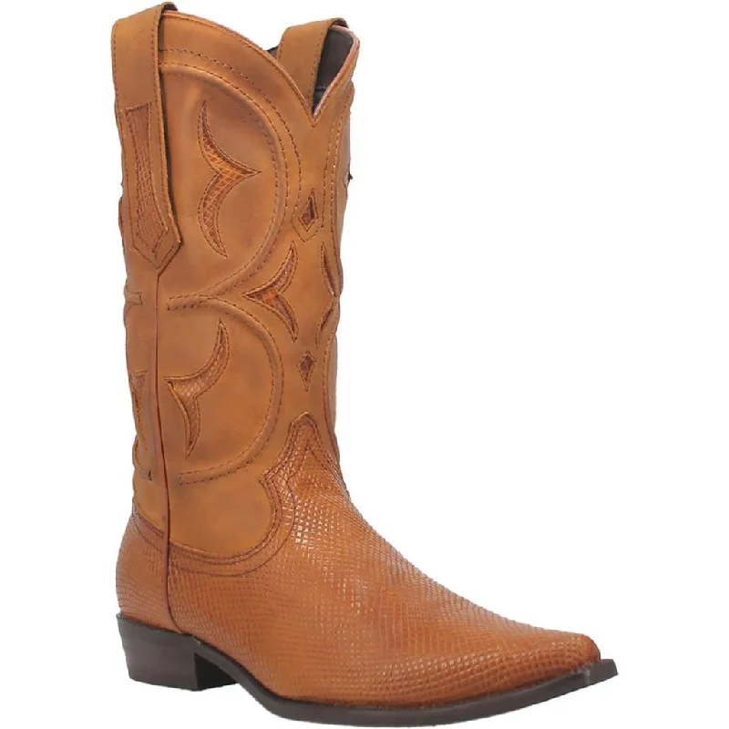 Men's western boots with a concho - studded strap and a pointed toeDingo Men's Dodge City Lizard Print Leather Snip Toe Boots - Tan