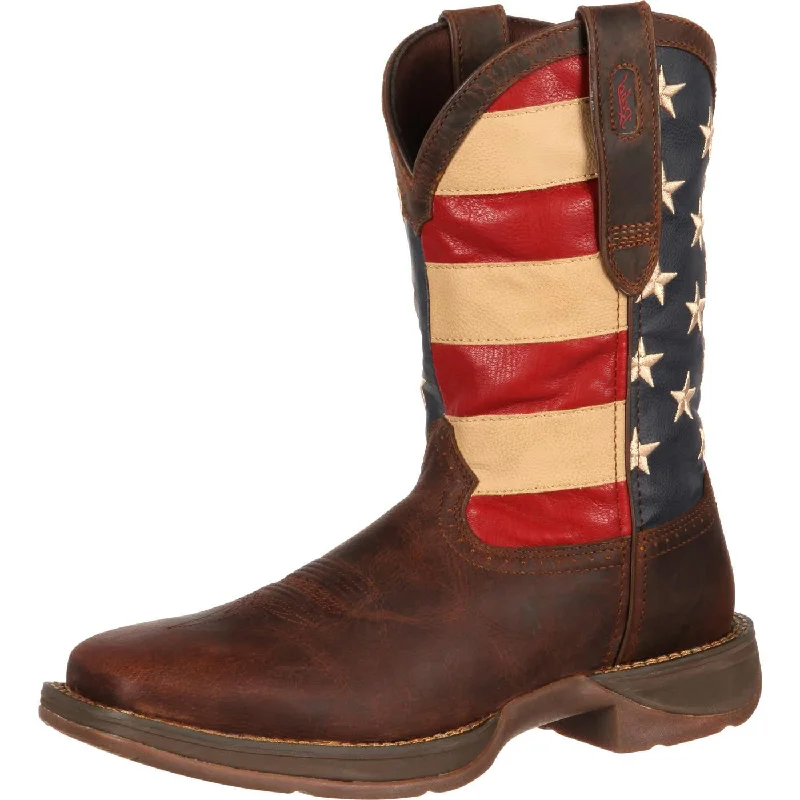 Vintage - style men's western boots with a square toe and spur ledgeDurango Rebel Patriotic USA Flag Boot (Brown)