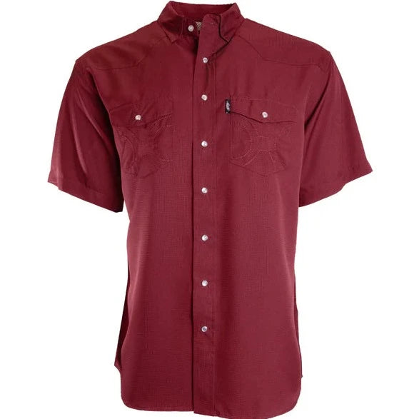 Men's western boots with a leather lining and a padded insoleHooey Men's Sol Maroon Short Sleeve Western Snap Shirt