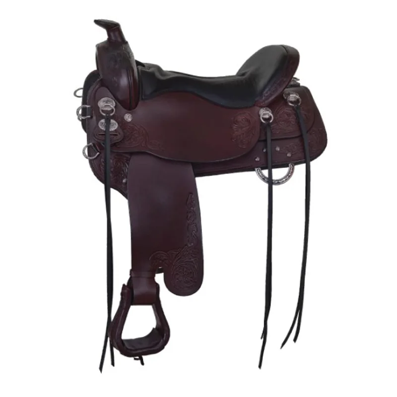 Men's western boots with a tooled leather design on the shaftTucker Saddlery Horizon Hi Teck Trail Saddle