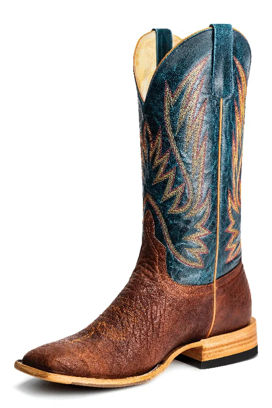 Men's western boots with a scalloped edge and a pull - on strapHorse Power Shrunken Bullhide Comanche Boot in Navy Explosion