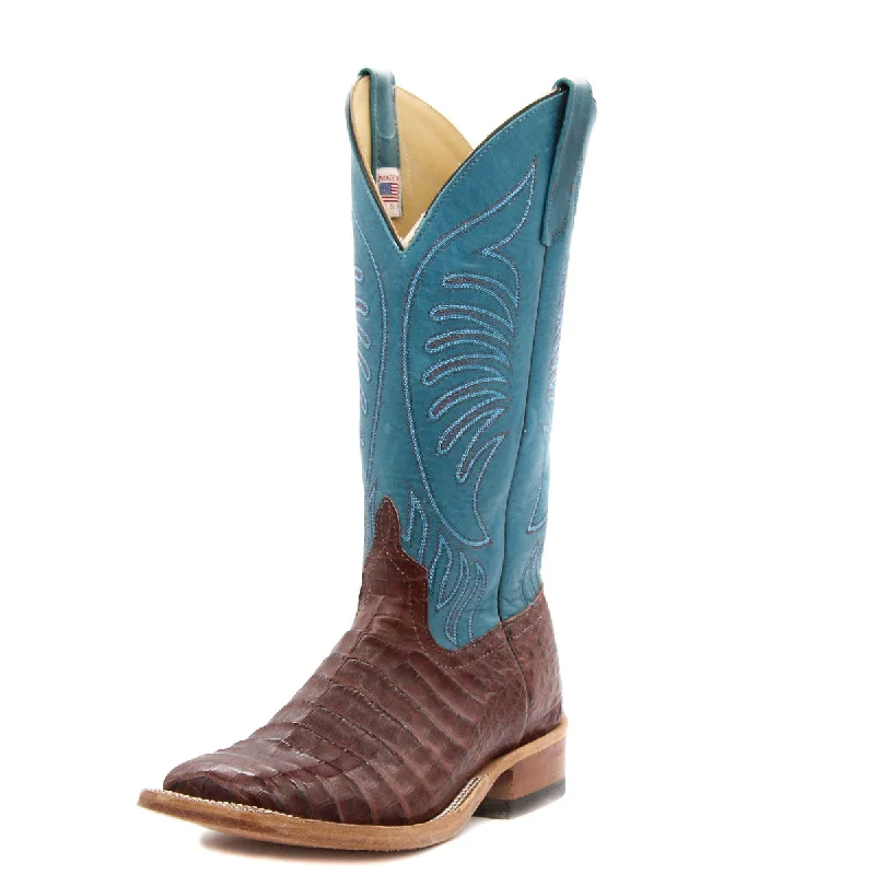 Western - style men's boots with intricate tooling and stitchingAnderson Bean Exclusive Tobacco Caiman Belly Men's Boot