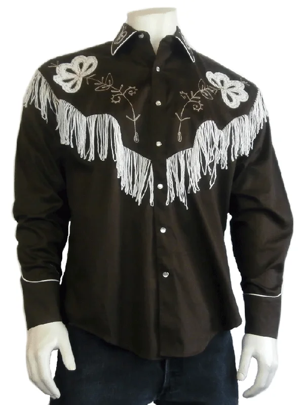 Men's western boots with a leather sole and a heel guardRockmount 6723-BRN Mens Vintage Fringe Embroidered Western Shirt Brown