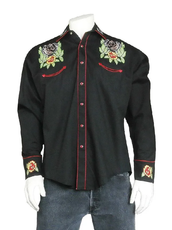 Men's western boots with a decorative inlay on the toe and heelRockmount 6809 Mens Vintage Horsehead & Floral Embroidered Western Shirt Black