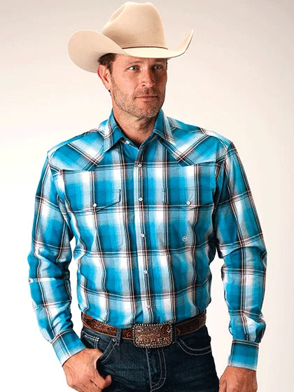 Men's western boots with a scalloped edge and a pull - on strapRoper 03-001-0278-2087 Mens Amarillo Long Sleeve Western Plaid Shirt Turquoise Blue