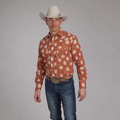 Men's western boots with a distressed leather finish for a rugged lookRoper Men's L/S Floral Print Western Snap Shirt in Orange & Cream