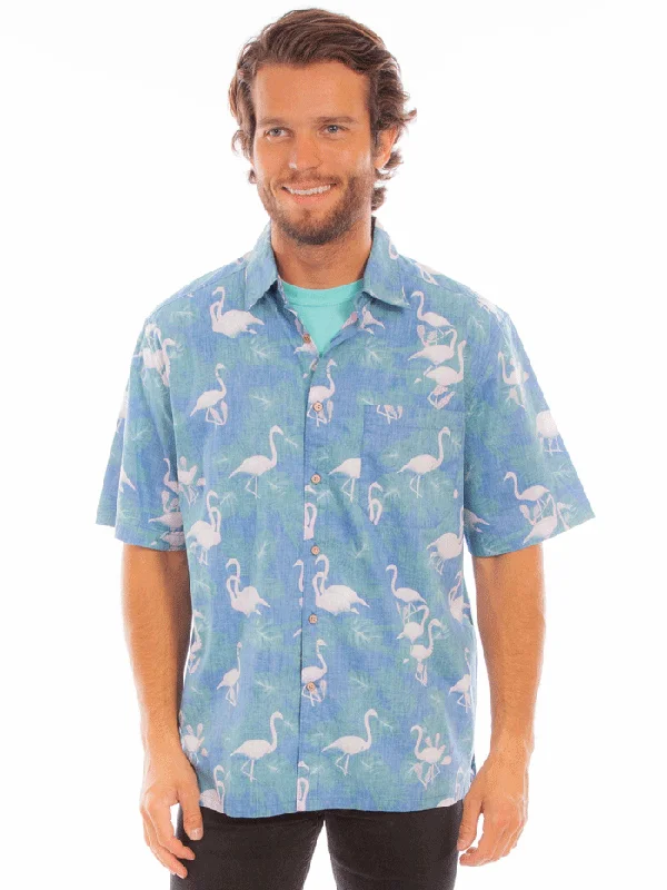 Men's western boots with a concho - studded strap and a pointed toeScully 5350-CAP Mens Flamingo Hawaiian Shirt Capri Blue