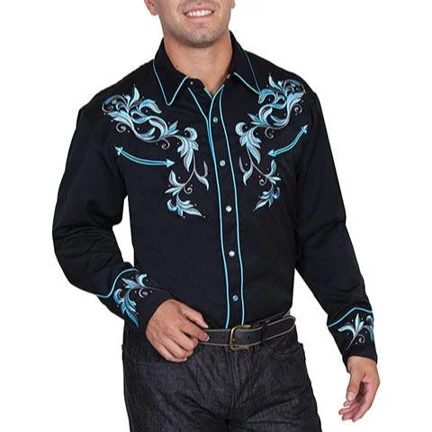 Men's western boots with a decorative inlay on the toe and heelScully Men's Embroidered Scroll With Studs Western Snap Shirt in Black