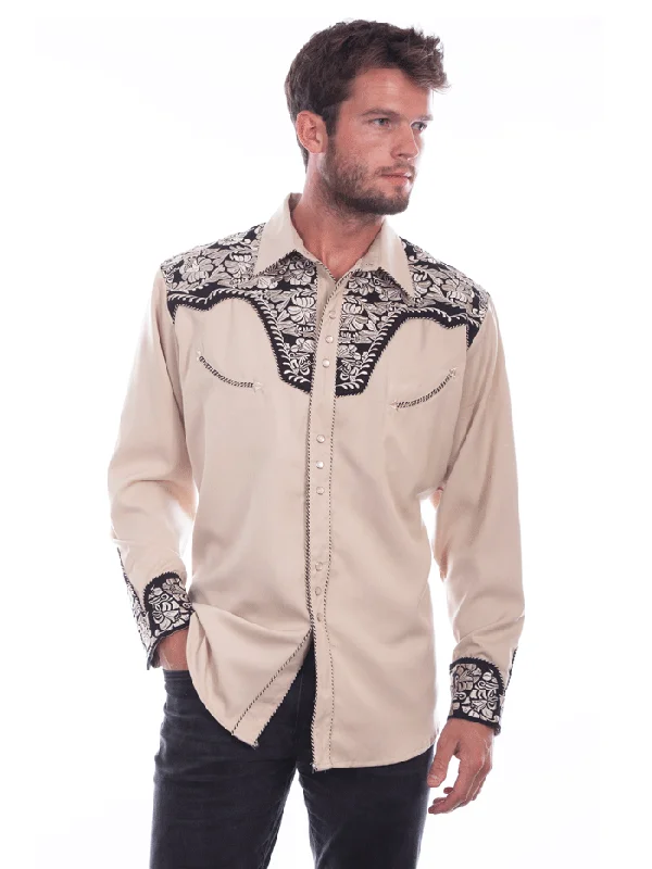 Men's western boots in a rich brown or black leatherScully P-634-TAN Mens Floral Tooled Embroidery Western Shirt Tan