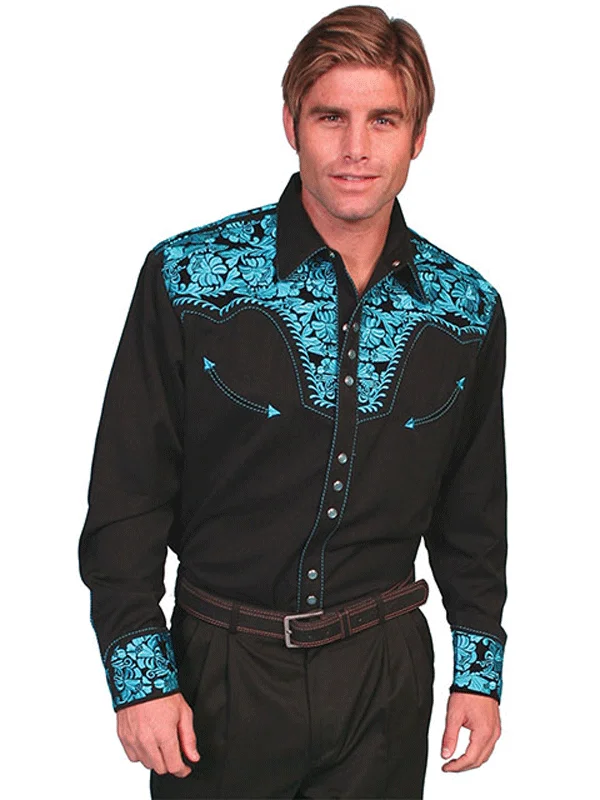 Men's western boots with a distressed leather finish for a rugged lookScully P-634-TUR Mens Floral Tooled Embroidery Western Shirt Turquoise