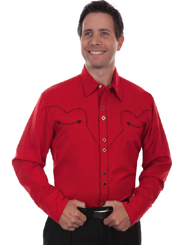 Men's western boots with a leather sole and a heel guardScully P-726-CRI Mens Solid Western Shirt Crimson Red