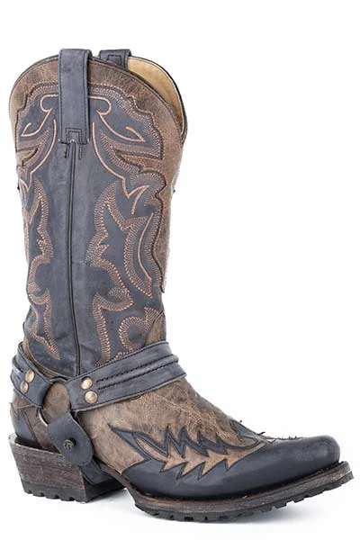 Men's genuine leather western boots with a snake - skin inlayStetson Men's Outlaw Bad Guy Biker Harness Boot