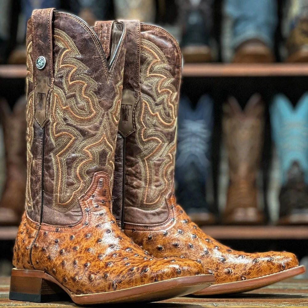 Western - style men's boots with intricate tooling and stitchingTanner Mark Men's Broken Arrow Imitation Ostrich Western Boot-Rustic Cognac