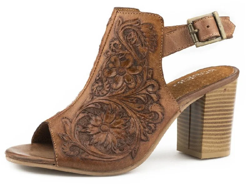 Men's western boots with a tooled leather design on the shaftRoper Tan Floral Tooled Leather Ladies' Heel