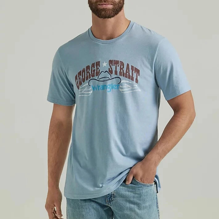 Men's western boots with a scalloped edge and a pull - on strapWrangler Men's George Strait Logo T-Shirt in Ashley Blue Heather